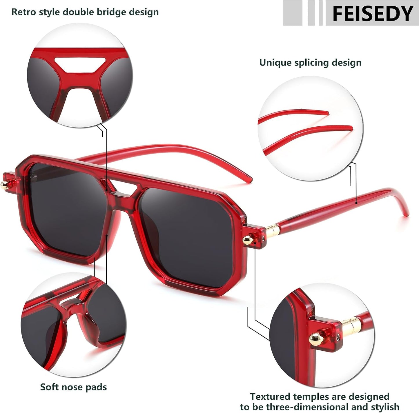 商品图片 99 | B09YTJ4FQZ | FEISEDY Vintage Square 70s Flat Aviator Sunglasses Women Men Classic Retro Stylish Frame UV400 Sunglasses B2622