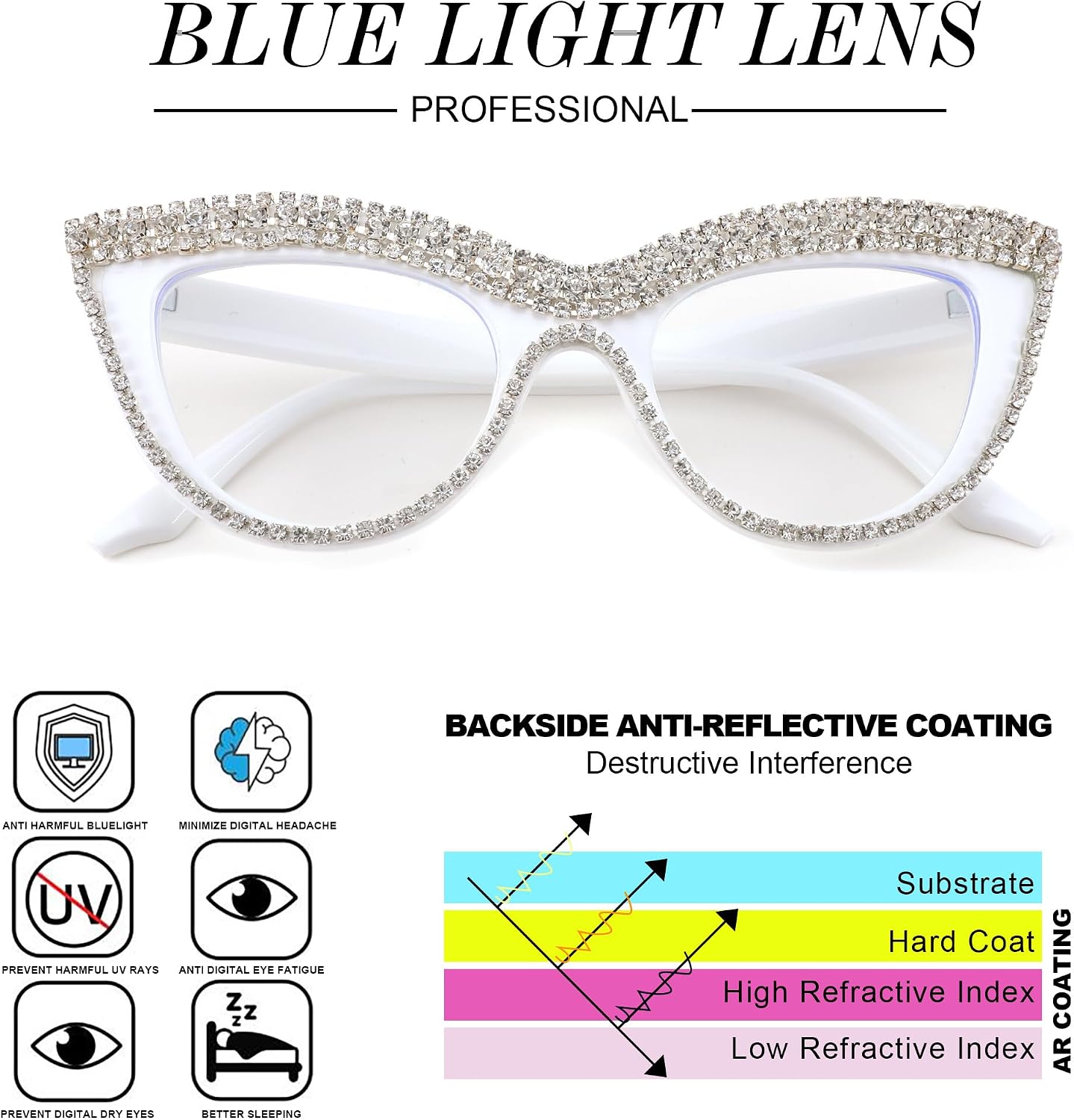 商品图片 41 | B0BLH5NHK8 | FEISEDY Diamond Blue Light Blocking Glasses Cat Eye Rhinestone Women Oversized Anti Eyestrain Computer Glasses Frame B2358
