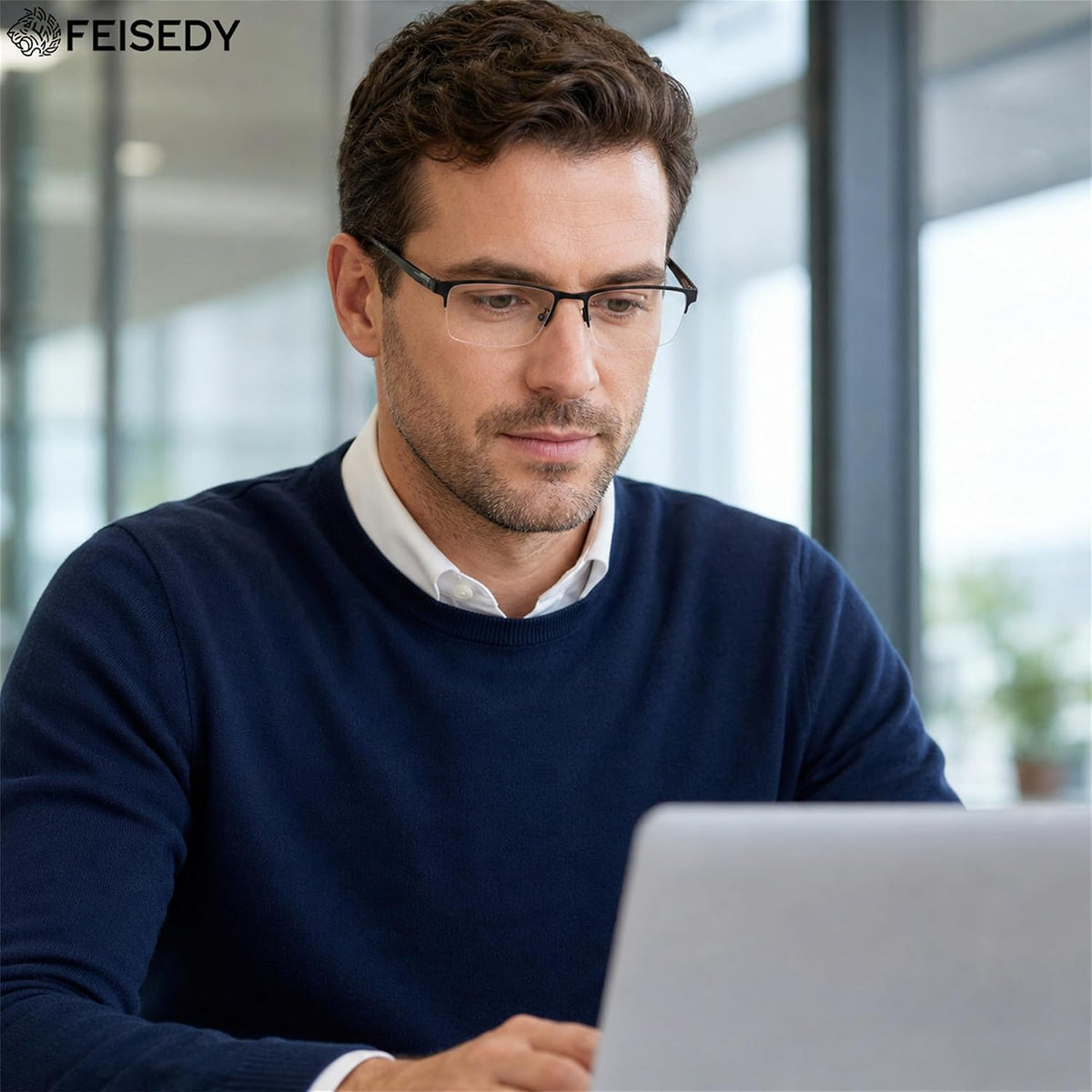 商品图片 2 | B0HBWVWRX5 | FEISEDY Rectangle Blue Light Blocking Reading Glasses Half Frame B0462
