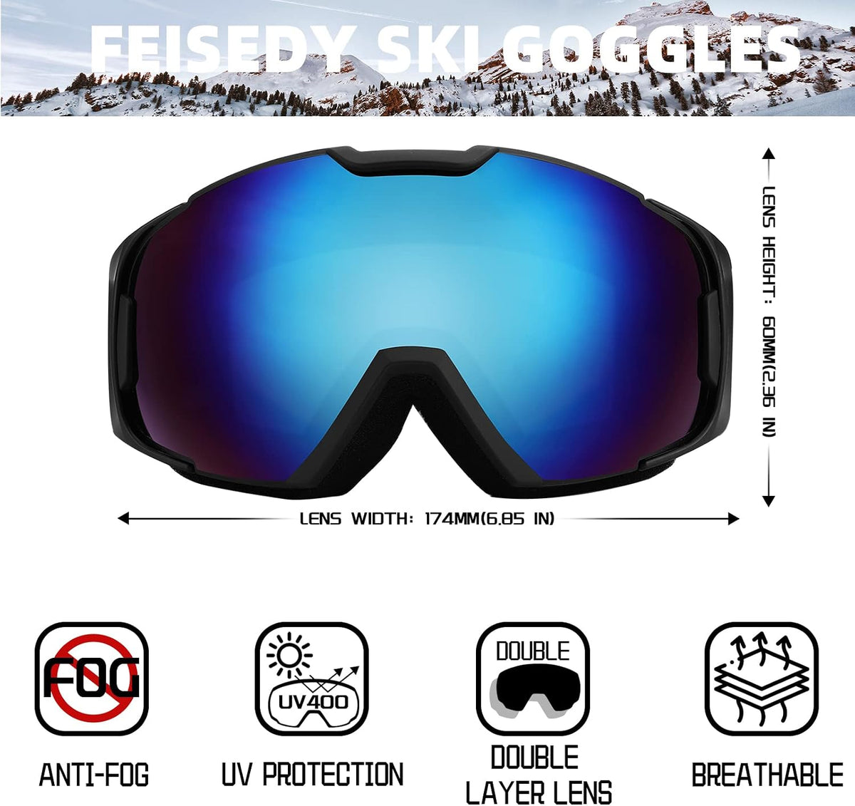 商品图片 28 | B0GHRB6WCQ | FEISEDY Ski Goggles, OTG Snow Sport Goggles for Adult Youth, Anti-Fog UV400 Protection Bendable Dual-Lenses B2961