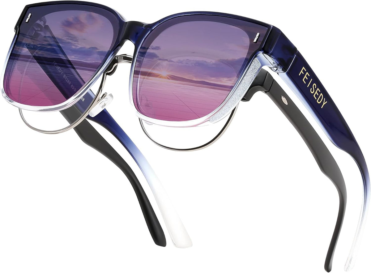 Gradual Navy Frame & Gradual Purple Lens / 64 Millimeters | B0FH6291F5 | FEISEDY Sunglasses That Fit Over Glasses for Women Men UV400 B0269