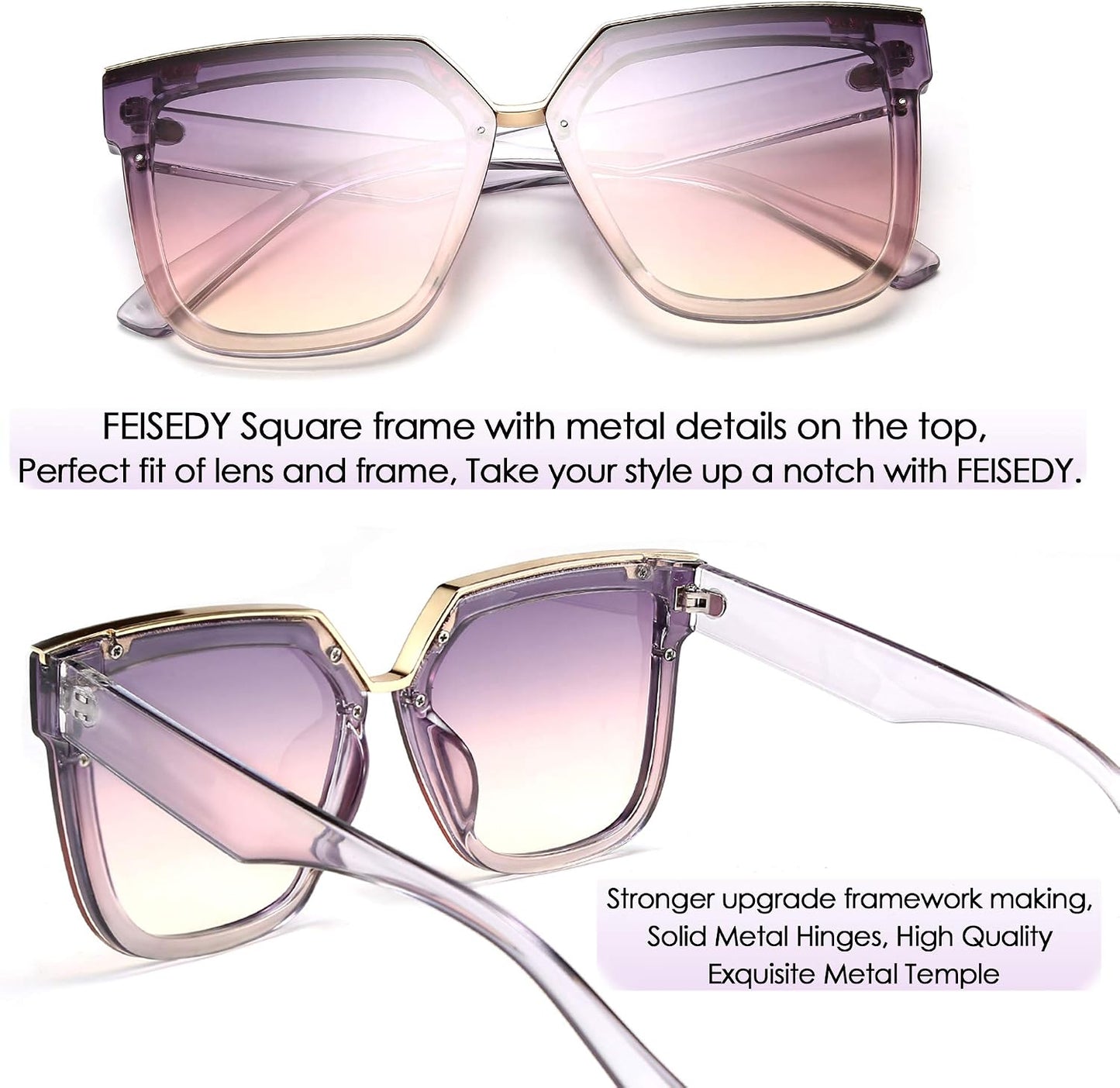 商品图片 6 | B087725Y1W | FEISEDY Fashion Women Men Sunglasses Square Frame Metal Shape Nesting Lenses B2595