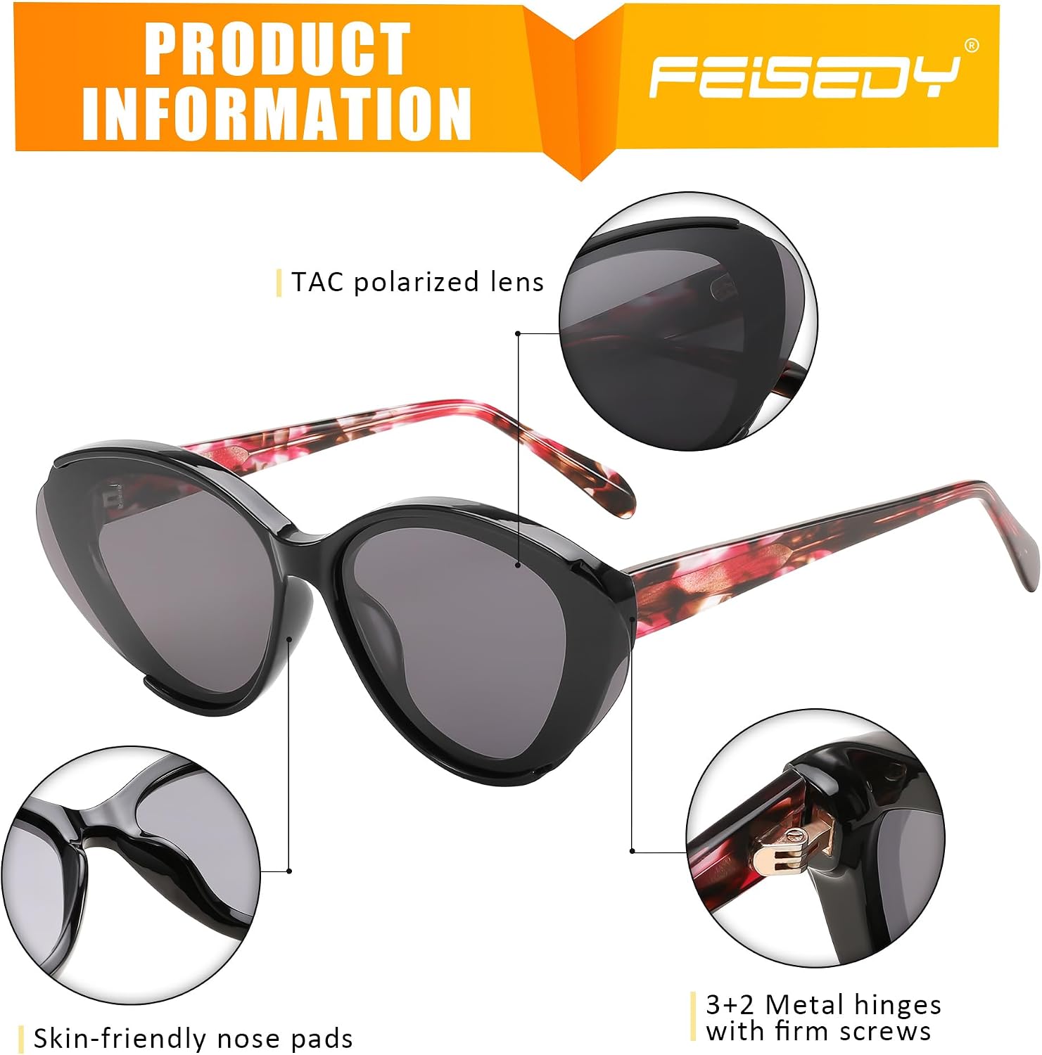 商品图片 18 | B0D6YJVTMS | FEISEDY Retro Polarized Cat Eye Sunglasses Women Trendy Mirrored Classic Designer Sunglasses UV Protection B0197