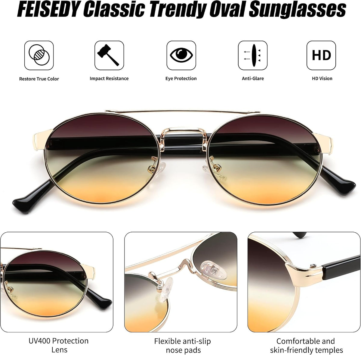 ÉÌƷͼƬ 20 | B0DRYKH1MV | FEISEDY Classic Trendy Oval Sunglasses Women Men Cute Small Shade Metal Frame Sunnies B0264