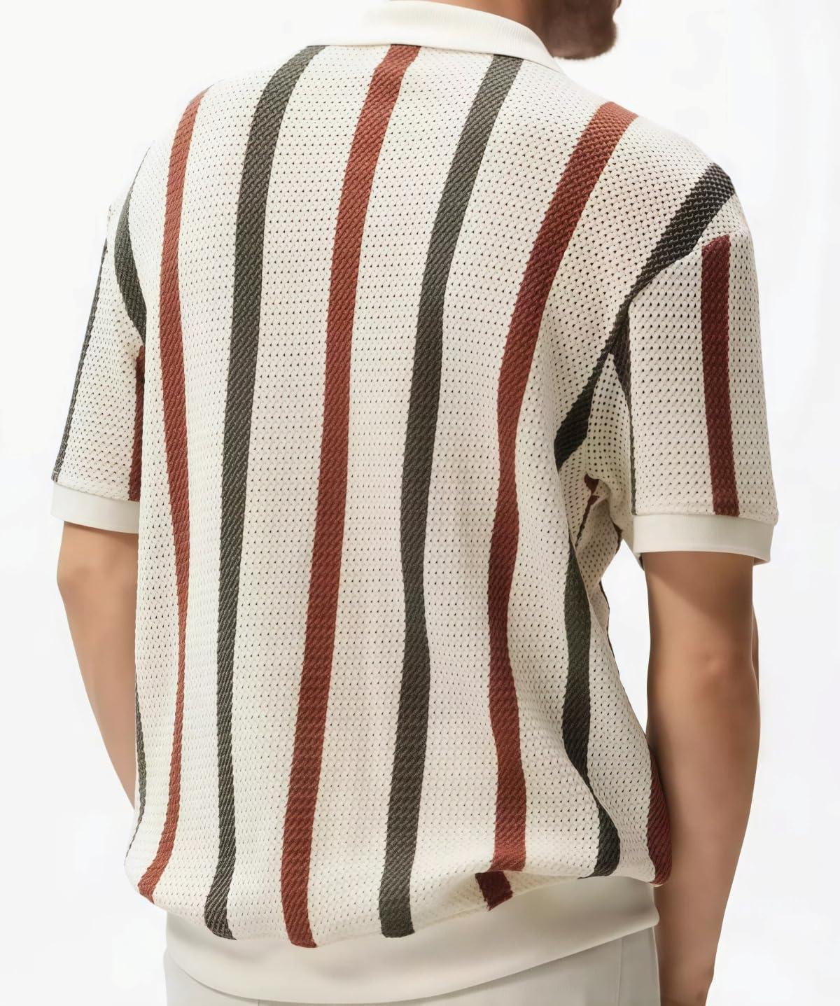 商品图片 5 | B0GF1QQM1S | Striped Short Sleeve Shirt for Men, Collar Without Buckle, Ventilate Knit Mesh Retro Polo Top, Summer Casual Style