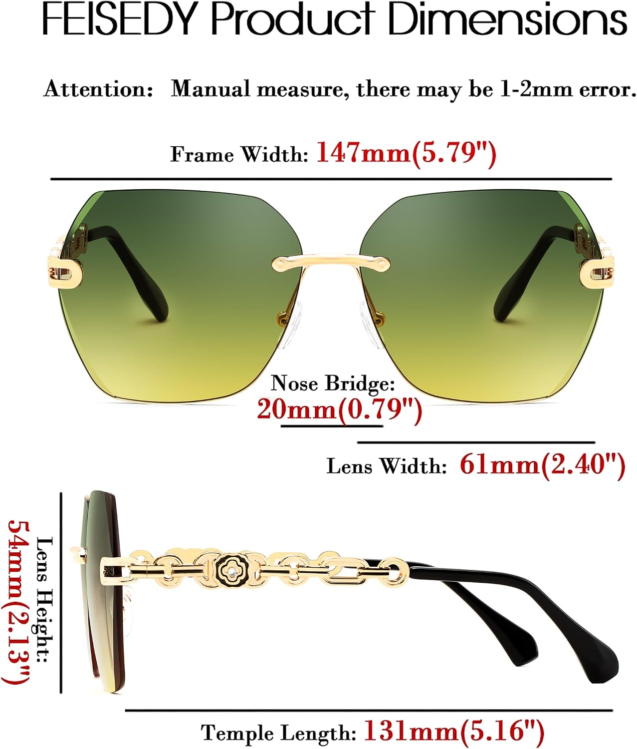 商品图片 51 | B083VRLS2Q | FEISEDY Classic Rimless Sunglasses Women Metal Frame Diamond Cutting Lens Sun Glasses B2567