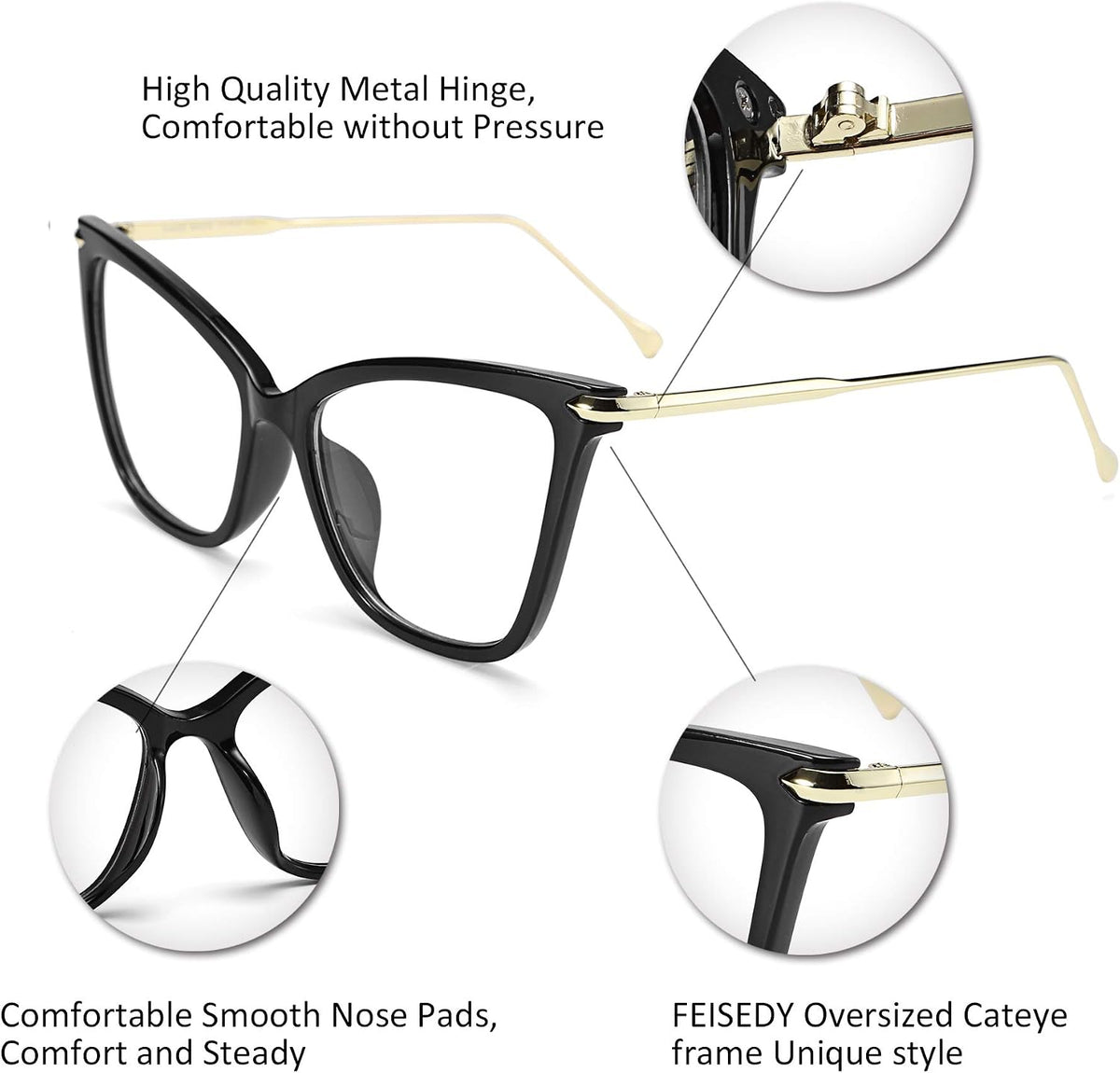 ÉÌƷͼƬ 4 | B07KK3P4KT | FEISEDY Oversized Cat Eye Glasses Frame with Clear Lenses Eyewear for Women B2460