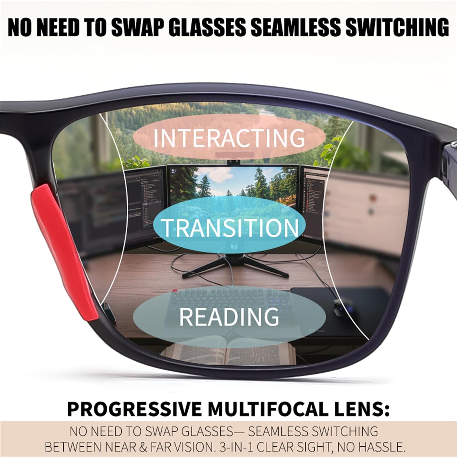 商品图片 9 | B0GLF6C715 | FEISEDY Progressive Multifocal Reading Glasses Blue Light Blocking B0397 | Sports Square Frame Near-Far Dual Use Blue Light Blocking Reading Glasses for Women Men