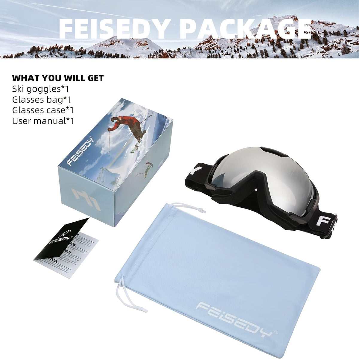 商品图片 74 | B0GHRB6WCQ | FEISEDY Ski Goggles, OTG Snow Sport Goggles for Adult Youth, Anti-Fog UV400 Protection Bendable Dual-Lenses B2961