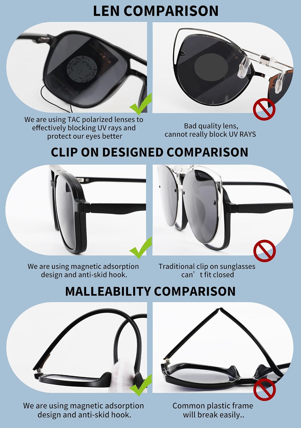 商品图片 3 | B09R13L9H4 | FEISEDY Magnetic Clip on Sunglasses TR90 Frame TAC 5pcs Replacement Lens Set Sunglasses for Men Women B2884