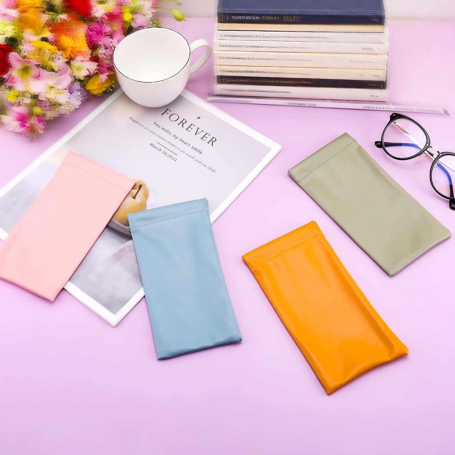 商品图片 6 | B0FGXSSRD3 | FEISEDY 4Pack Squeeze Top Sunglasses Cases, PU Leather Spring Closure Eyeglasser, Organizer Bag Portable Pocket Glasses Case