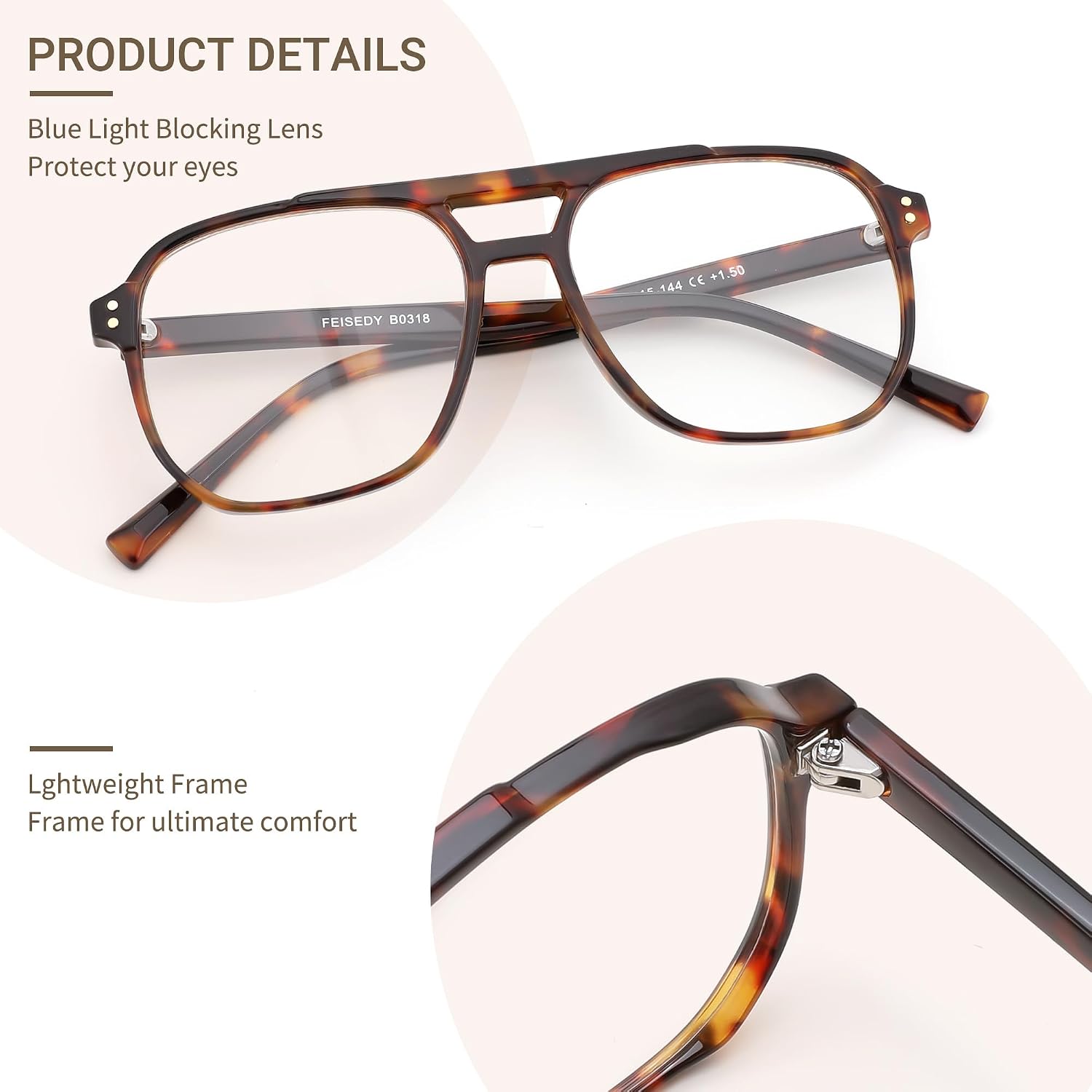 商品图片 22 | B0FWXP3HKW | FEISEDY Fashion Aviator Blue Light Reading Glasses for Woman Men B0318 | Square Pilot Computer Glasses, Anti Eyestrain Glare Readers
