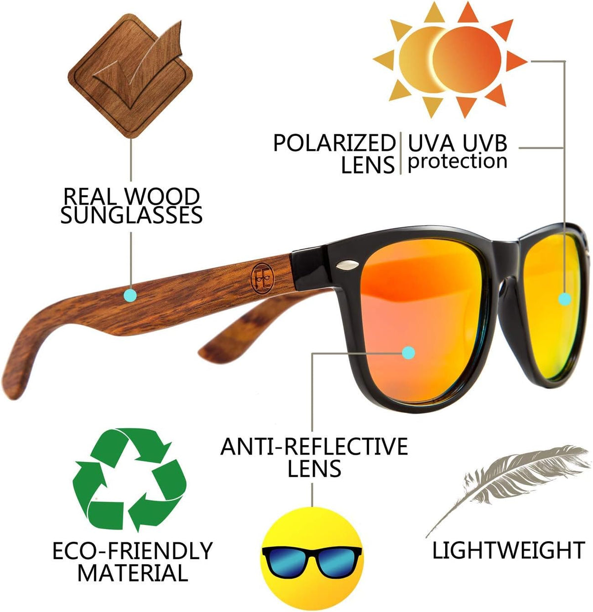 商品图片 24 | B07J2YHS4L | FEISEDY Polarized Wood Sunglasses Women Men HD UV400 Driving Fishing Golf Sunglasses B2448