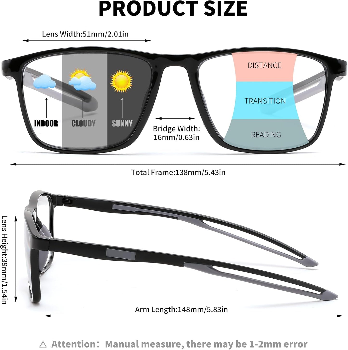 商品图片 24 | B0GLF6C715 | FEISEDY Progressive Multifocal Reading Glasses Blue Light Blocking B0397 | Sports Square Frame Near-Far Dual Use Blue Light Blocking Reading Glasses for Women Men