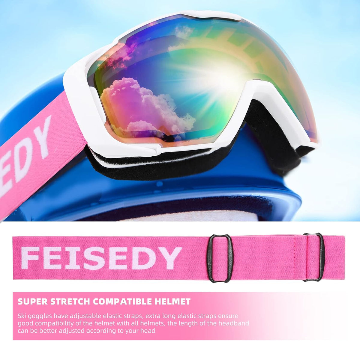 商品图片 54 | B0GHRB6WCQ | FEISEDY Ski Goggles, OTG Snow Sport Goggles for Adult Youth, Anti-Fog UV400 Protection Bendable Dual-Lenses B2961