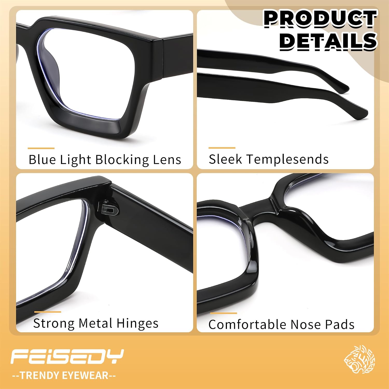 商品图片 4 | B0DXDYMMPM | FEISEDY Retro Blue Light Blocking Glasses for Women Men 90s Classic Rectangle Frame Thick Chic Computer Eyeglasses B2383R