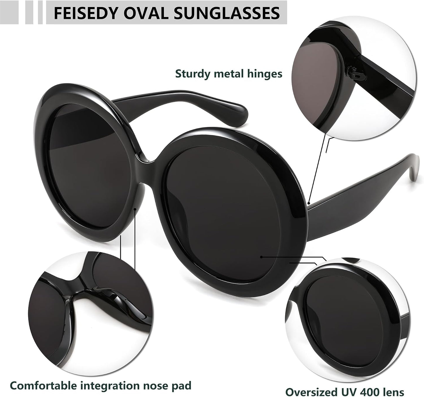 商品图片 4 | B0C7ZVD4MD | FEISEDY Oval Oversized Trendy Sunglasses Women Men Stylish Retro Big Frame Vacation Sun Glasees UV400 Protection B0017
