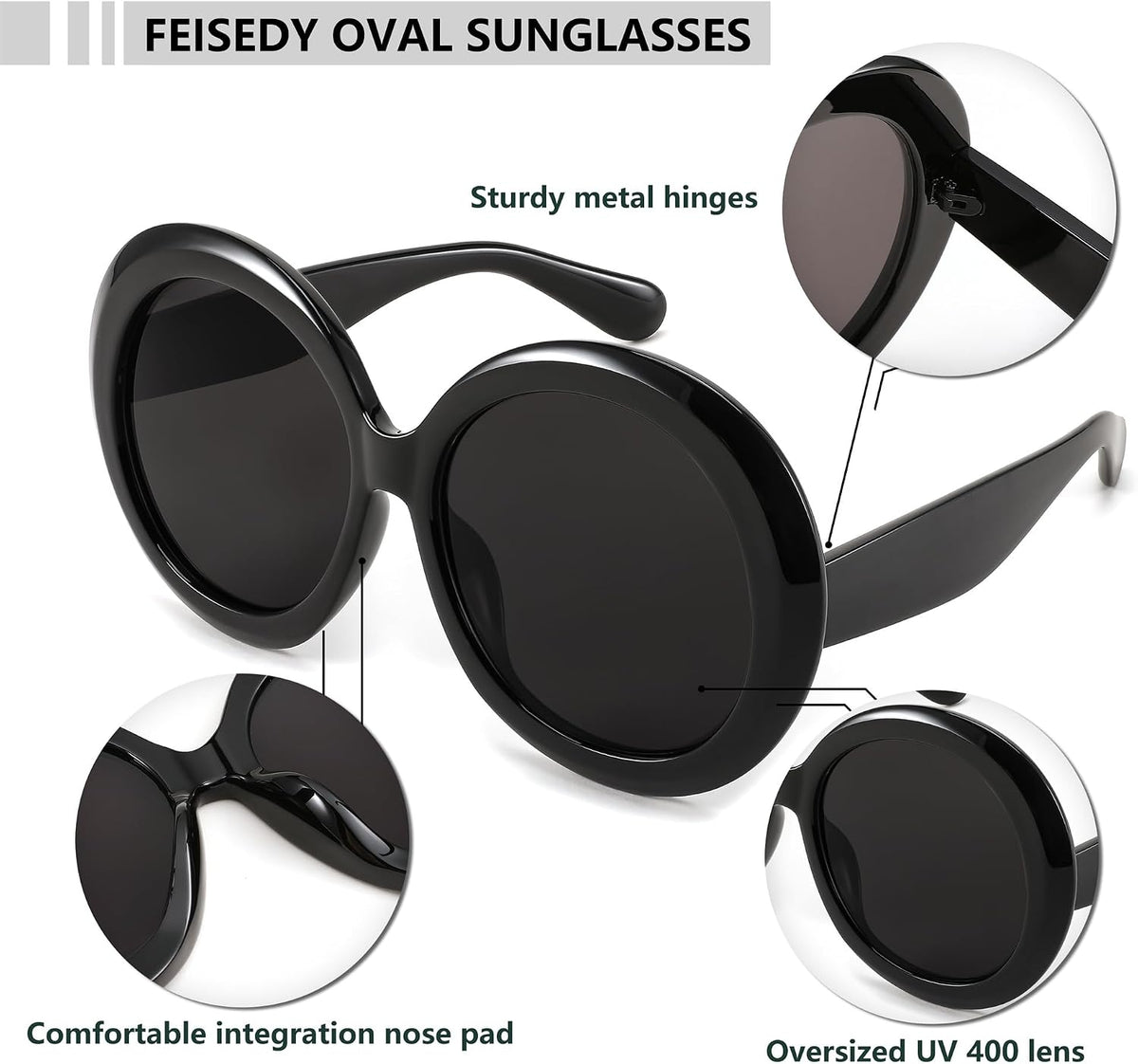 ÉÌƷͼƬ 4 | B0C7ZVD4MD | FEISEDY Oval Oversized Trendy Sunglasses Women Men Stylish Retro Big Frame Vacation Sun Glasees UV400 Protection B0017