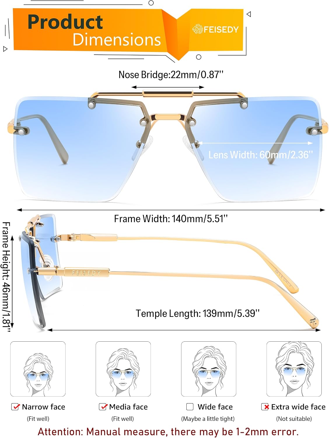 商品图片 14 | B0HFJXV98G | FEISEDY Rimless Aviator Sunglasses for Women Men Luxury UV400 Shades