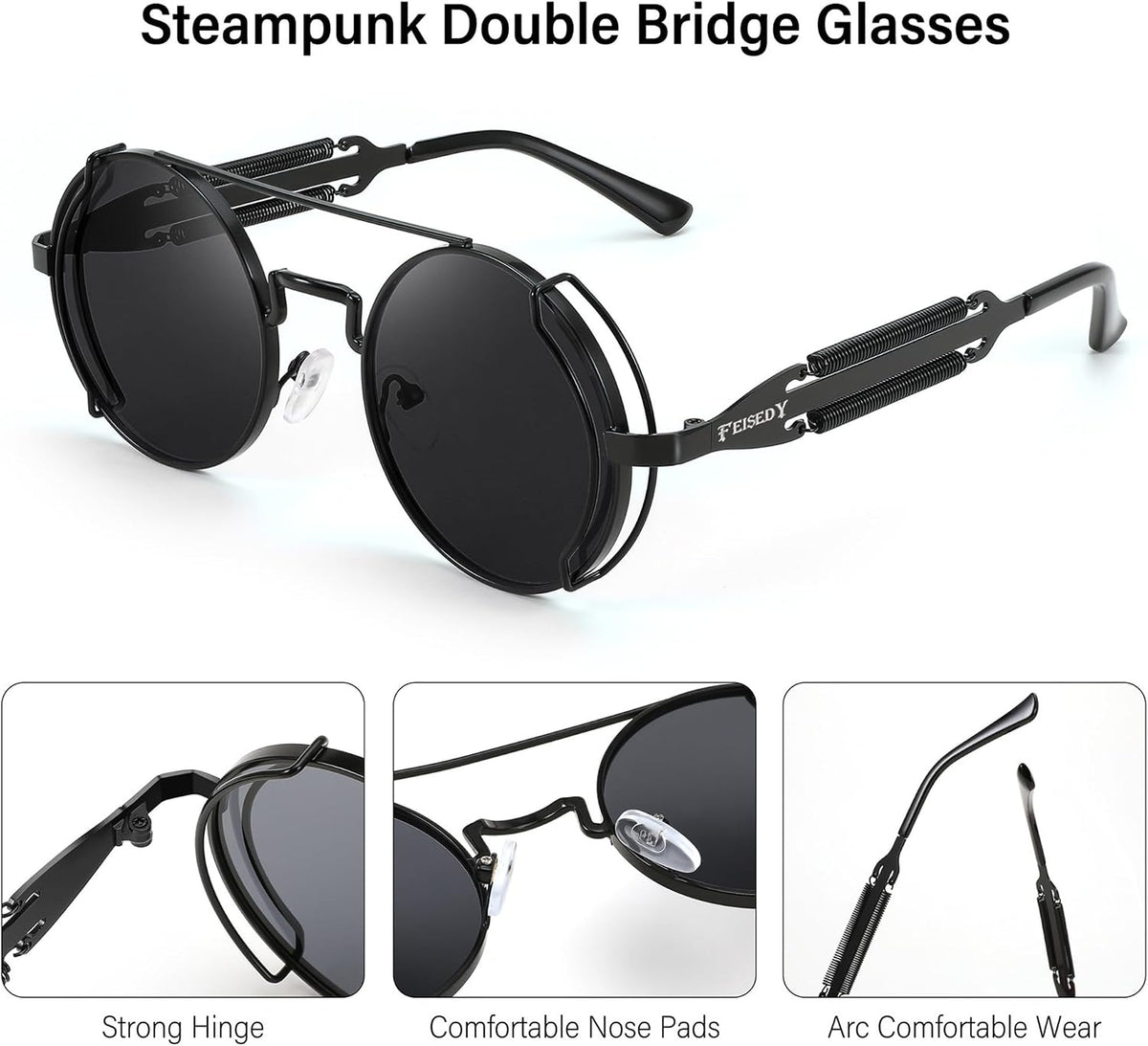 ÉÌƷͼƬ 3 | B0BD4MSMZQ | FEISEDY Aviator Sunglasses for Men Women Steampunk Round Metal Frame B2351