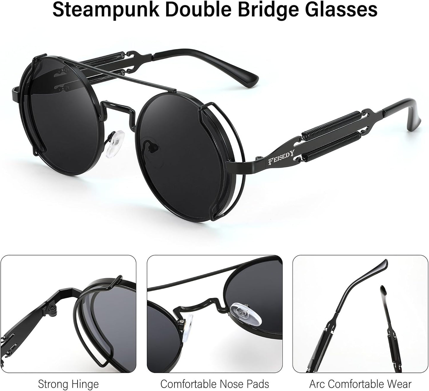 商品图片 3 | B0BD4MSMZQ | FEISEDY Aviator Sunglasses for Men Women Steampunk Round Metal Frame B2351