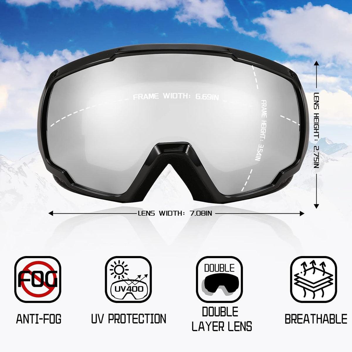 商品图片 79 | B0GHRB6WCQ | FEISEDY Ski Goggles, OTG Snow Sport Goggles for Adult Youth, Anti-Fog UV400 Protection Bendable Dual-Lenses B2961