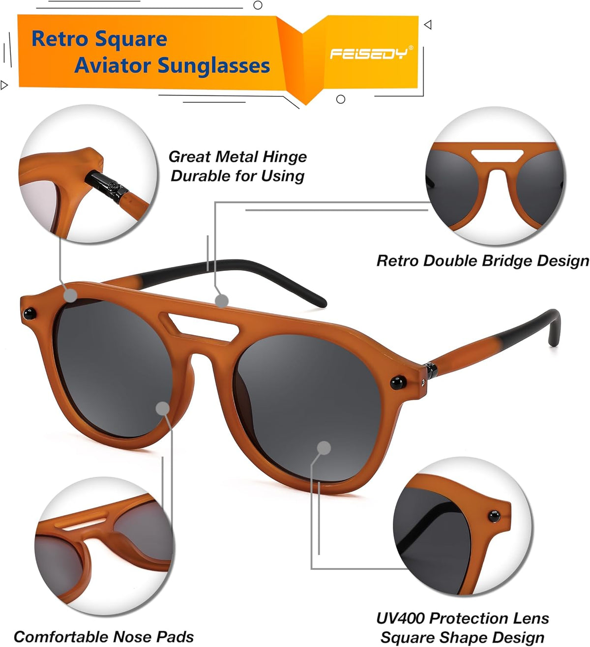 ÉÌƷͼƬ 19 | B0CHBBJ1H1 | FEISEDY Retro Square Aviator Sunglasses Womens Mens Trendy 70s Vintage Stylish Frame UV400 Sun Glasses B0051