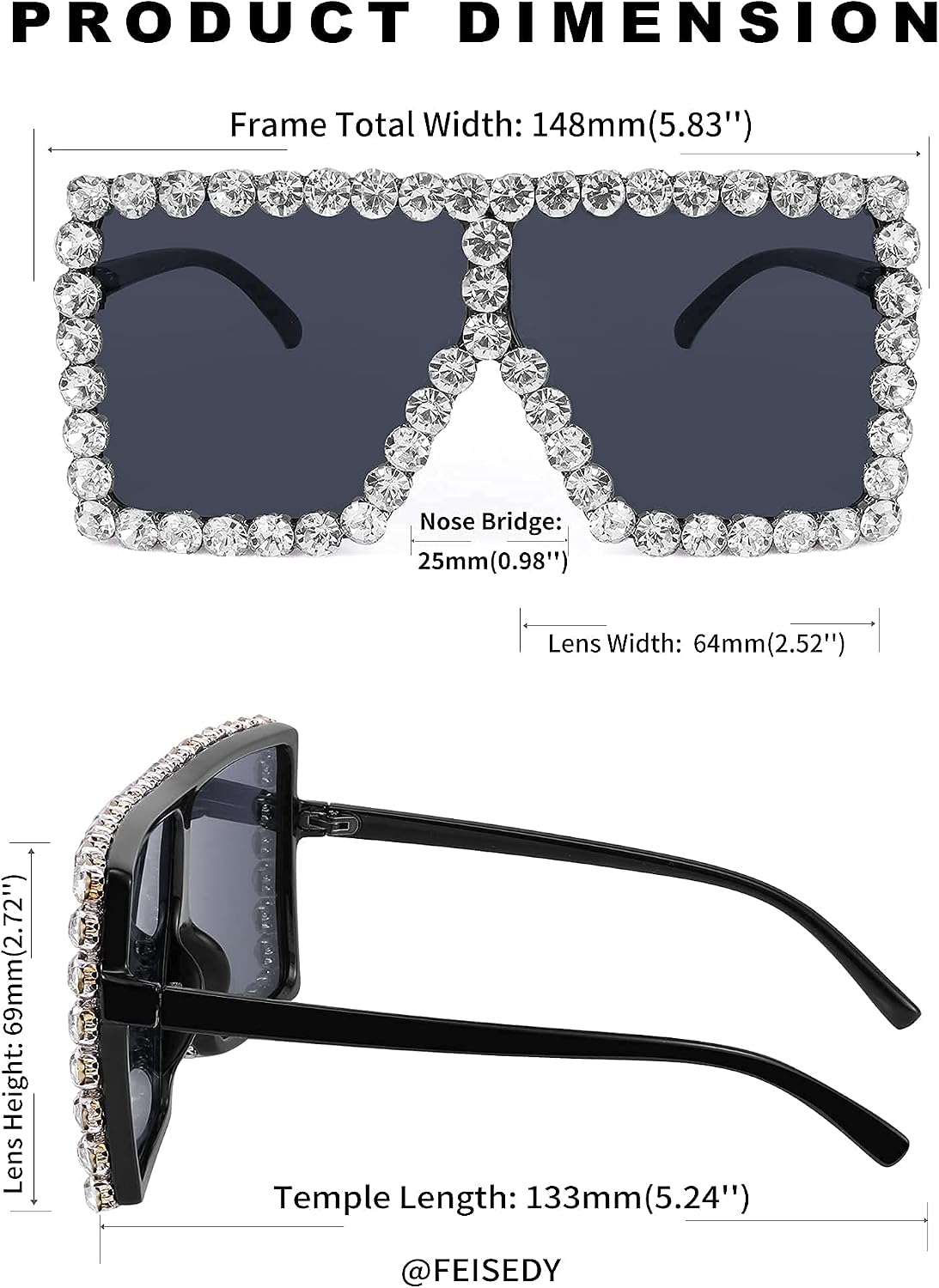 商品图片 14 | B096YZPRF2 | FEISEDY Oversized Sparkling Crystal Sunglasses Disco Diamond Flat Top Fashion Square Large Shades B2782