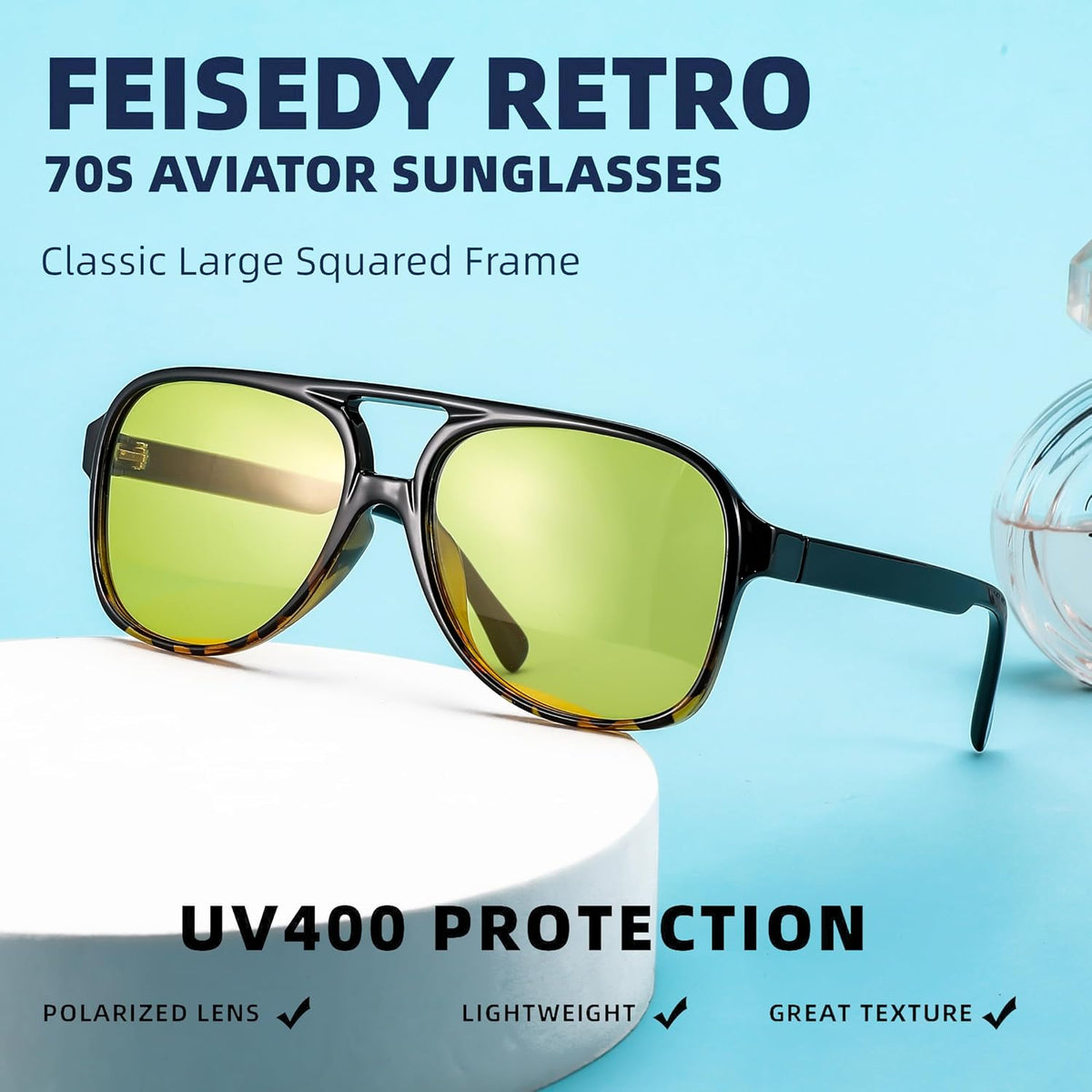 ÉÌƷͼƬ 127 | B0CB543WBD | FEISEDY Vintage Retro 70s Plastic Aviator Sunglasses Women Men Classic Large Squared Frame B2751