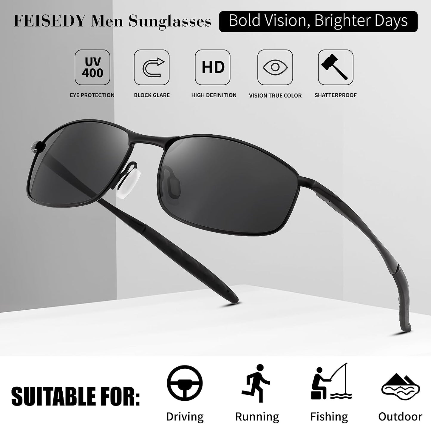 商品图片 5 | B07GSRV2H5 | FEISEDY Rectangle Polarized Square Sunglasses for Men Women B2444