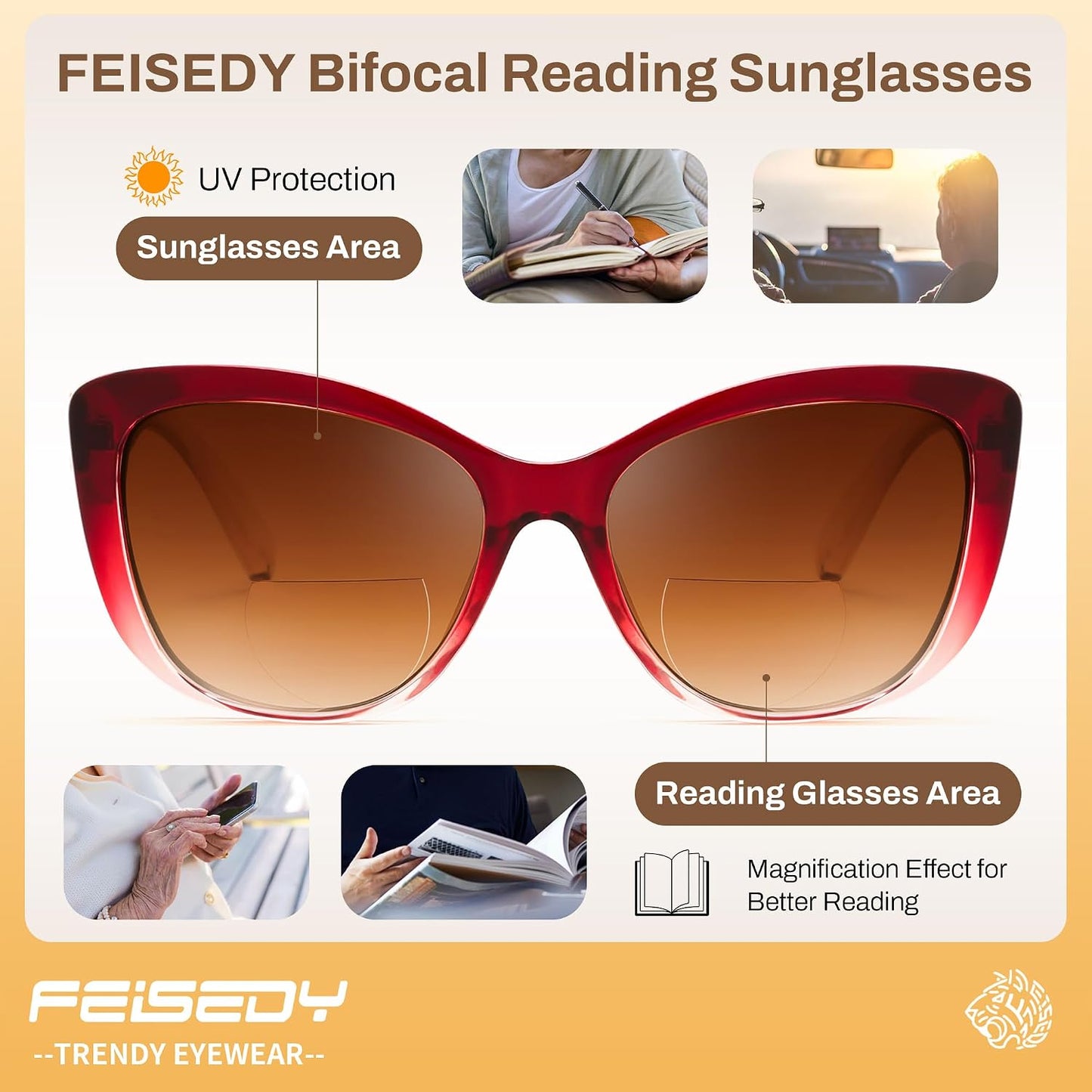 商品图片 11 | B0GSZX5N57 | FEISEDY Cat Eye Bifocal Sunglasses Reader for Women UV400 Protection B0352
