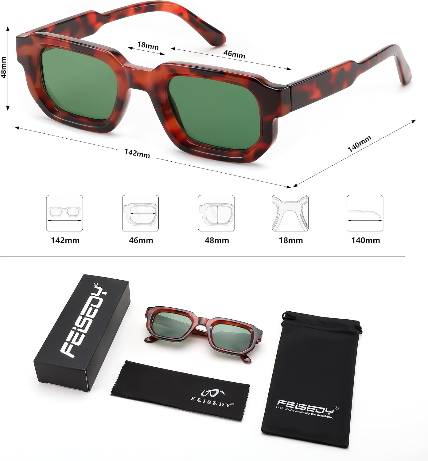 商品图片 7 | B0D7H6TB3G | FEISEDY Retro Small Rectangle Sunglasses Women Men Fashion Thick Frame Chunky Square Shades B0202