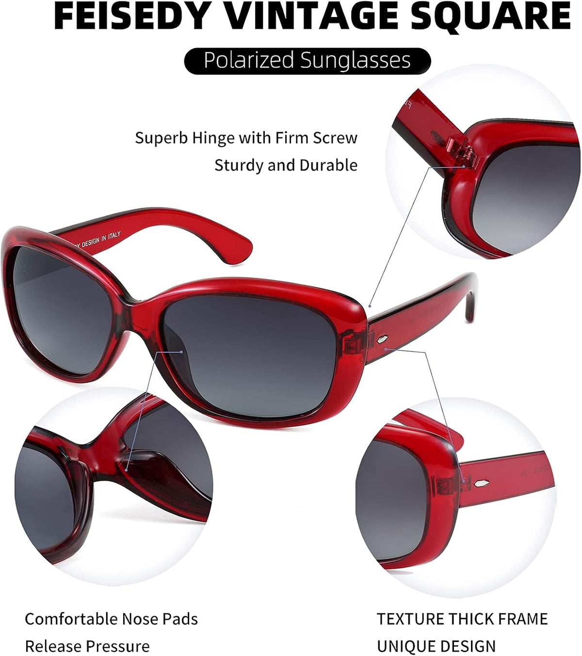 ÉÌƷͼƬ 12 | B094CJFYW6 | FEISEDY Vintage Square Polarized Sunglasses for Women Men Havana Thick Wrap Around Sun Glasses UV400 B2703