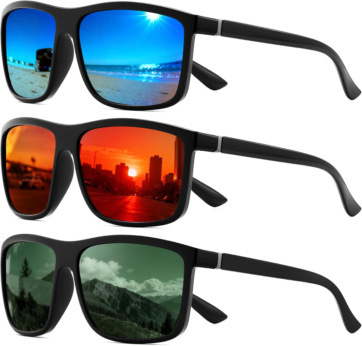Black/Blue+black/Red+matte Black/Green / 55 Millimeters | B0FPM28S9G | FEISEDY Square Polarized Sunglasses For Men Women B0322