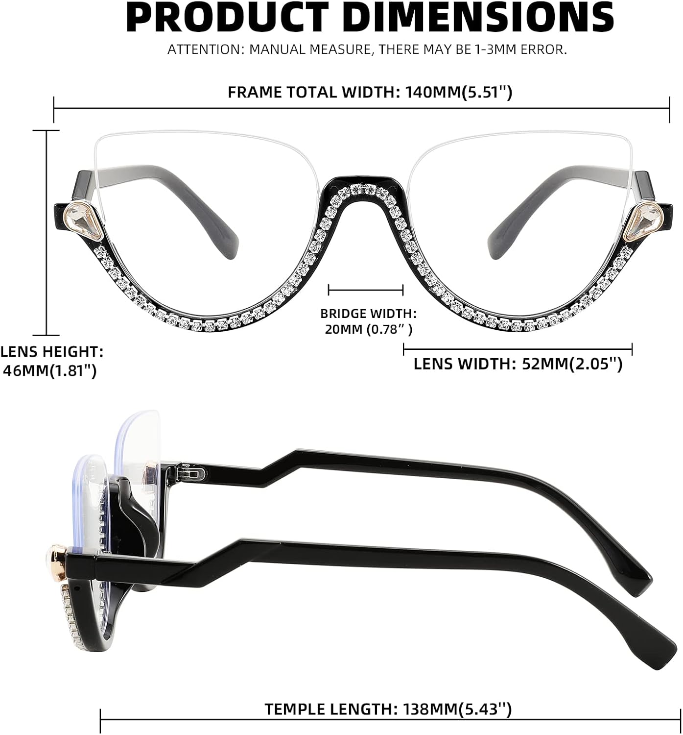 商品图片 7 | B0BK84HWH8 | FEISEDY Women Blue Light Blocking Glasses Fashion Half Frame Cat Eye Glasses Inlaid Diamond Anti Eyestrain B2995