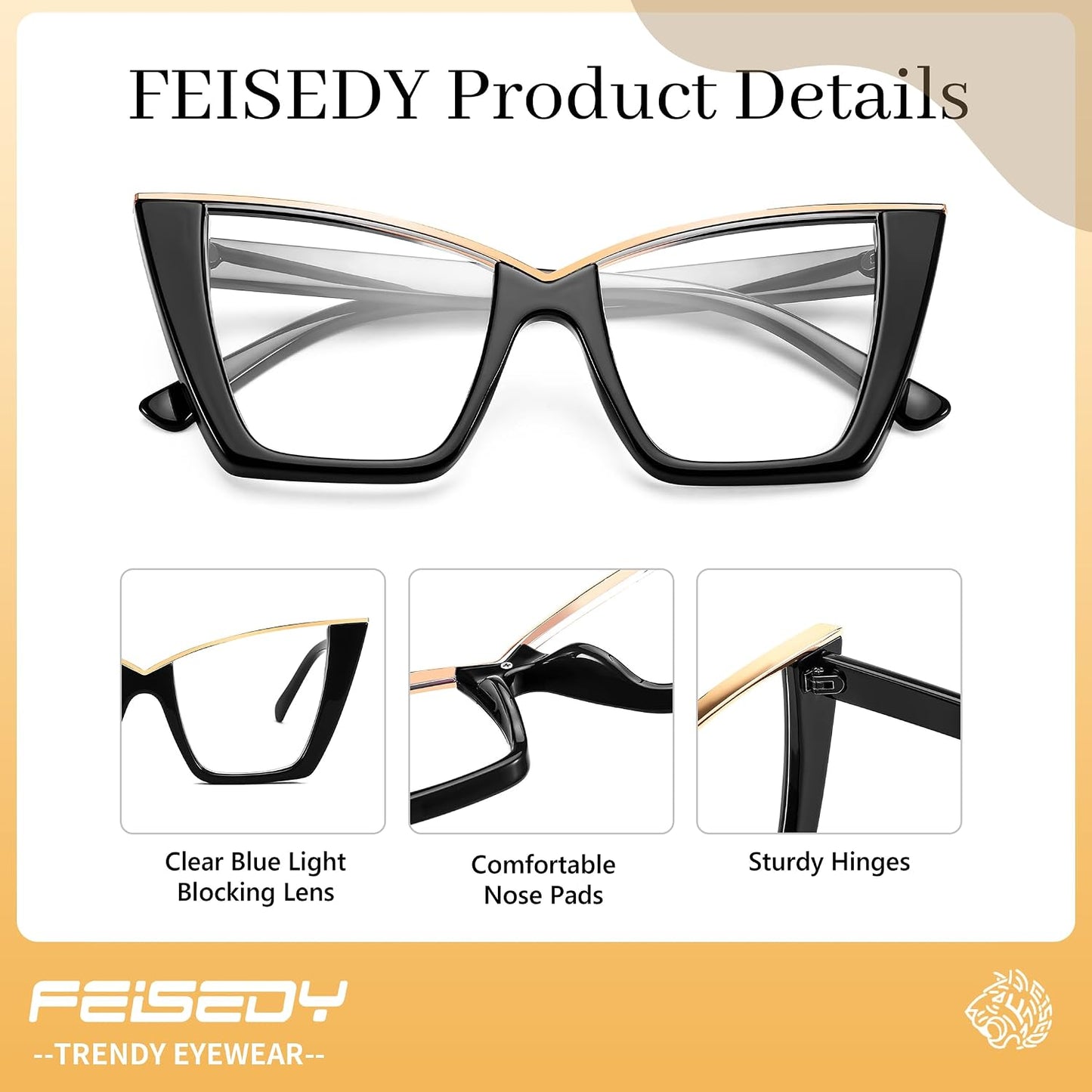 商品图片 8 | B0DGX4KTLX | FEISEDY Fashion Cat Eye Blue Light Blocking Glasses for Women Fake Retro Eyeglasses Oversized Stylish Eyewear Frame B0240