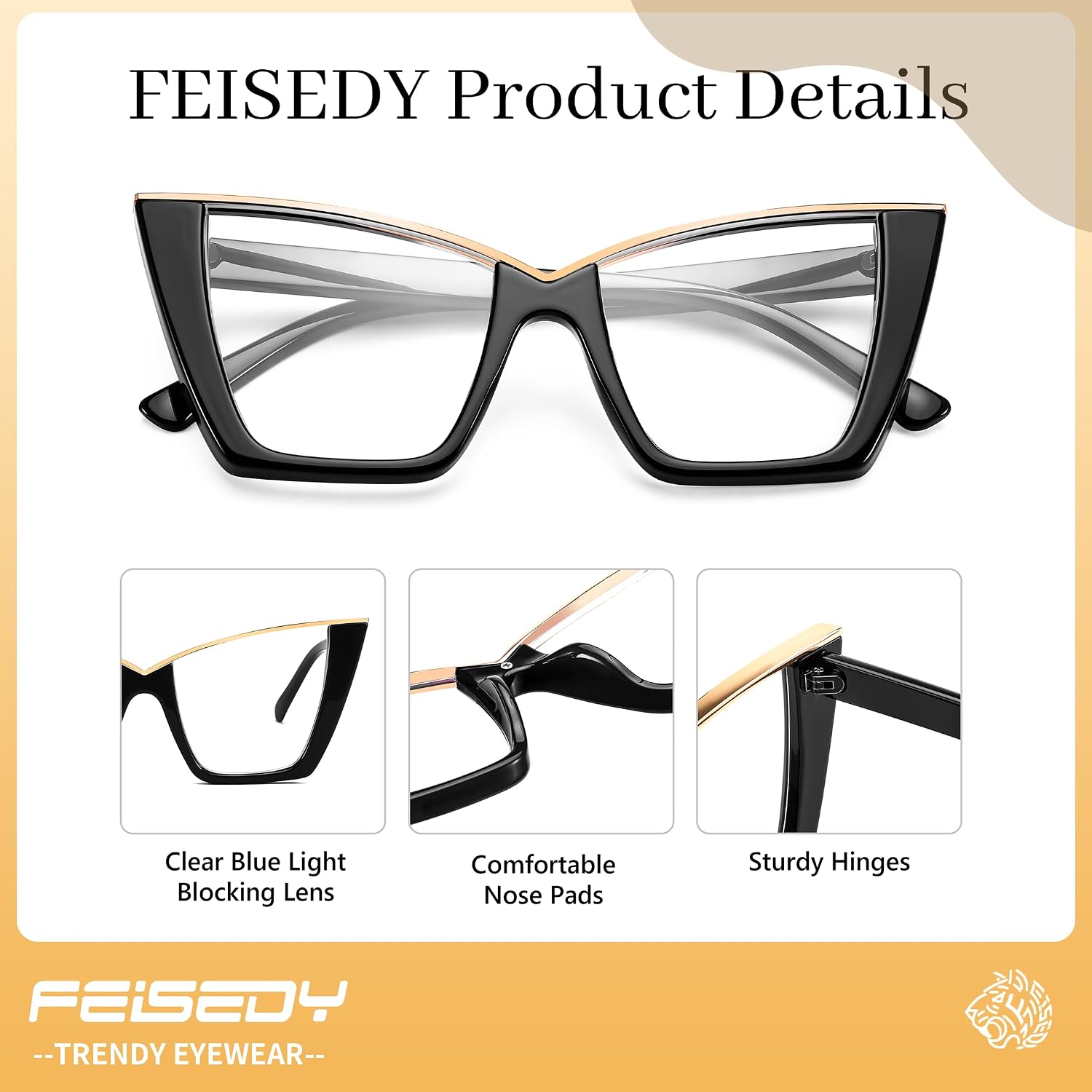 商品图片 8 | B0DGX4KTLX | FEISEDY Fashion Cat Eye Blue Light Blocking Glasses for Women Fake Retro Eyeglasses Oversized Stylish Eyewear Frame B0240
