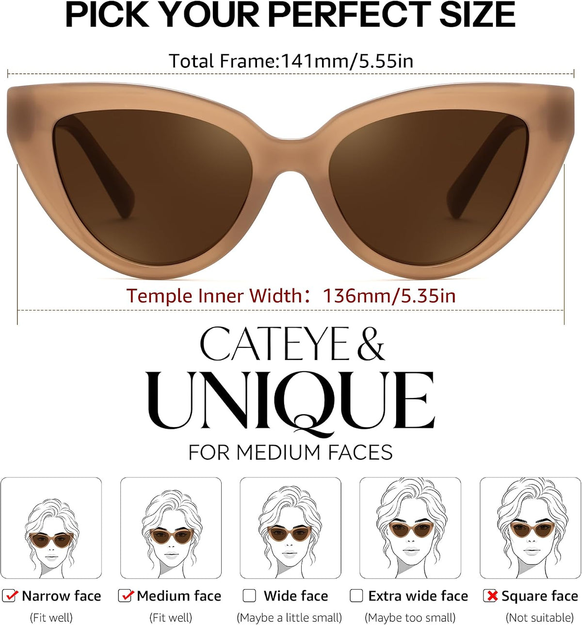 商品图片 13 | B0GVF3CZ9N | FEISEDY Cat eye Sunglasses Polarized and Retro Stylish for Women Men B0428 | UV400 Protection, for Driving Fishing Beach Travel and Party, Metal Accents, Versatile Styling