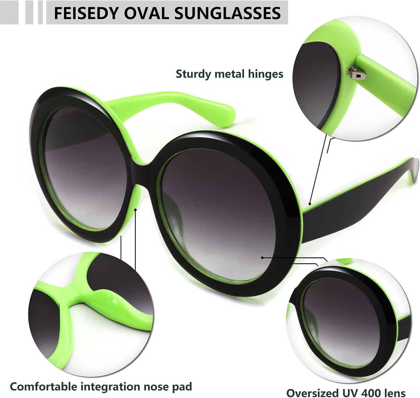 商品图片 23 | B0C7ZVD4MD | FEISEDY Oval Oversized Trendy Sunglasses Women Men Stylish Retro Big Frame Vacation Sun Glasees UV400 Protection B0017