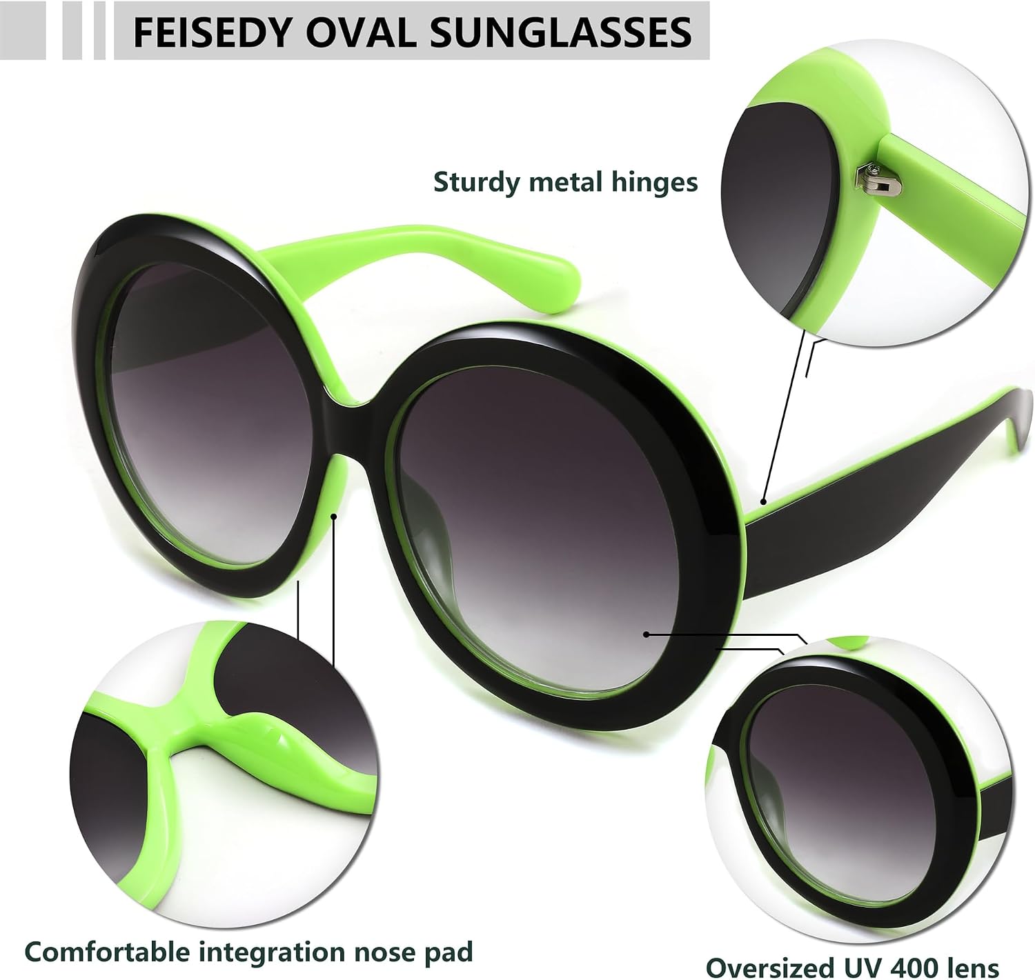 商品图片 23 | B0C7ZVD4MD | FEISEDY Oval Oversized Trendy Sunglasses Women Men Stylish Retro Big Frame Vacation Sun Glasees UV400 Protection B0017