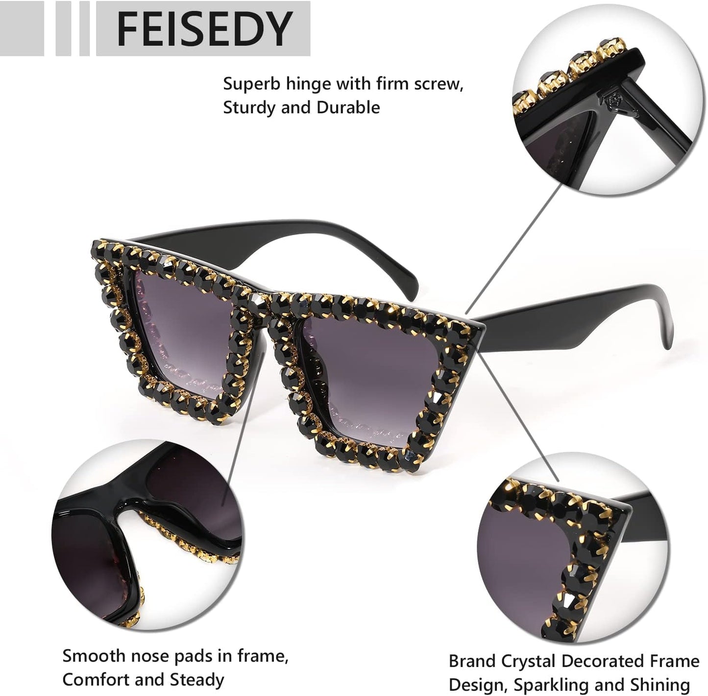 商品图片 22 | B09V7X56D4 | FEISEDY Women Crystal Square Cat Eye Sunglasses Sparkling Trendy Retro Cateye Sunglasses B2898