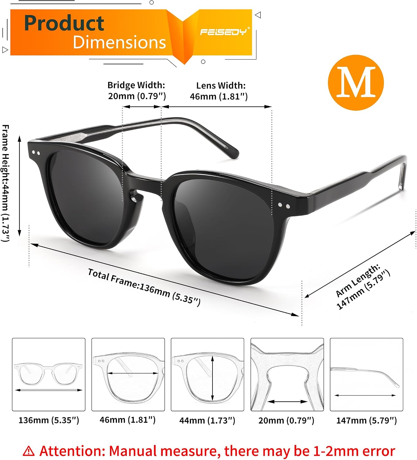 商品图片 6 | B0CCPBD9GS | FEISEDY Classic Polarized Sunglasses Retro Round Sunglasses for Women Men Trendy Shades B0002