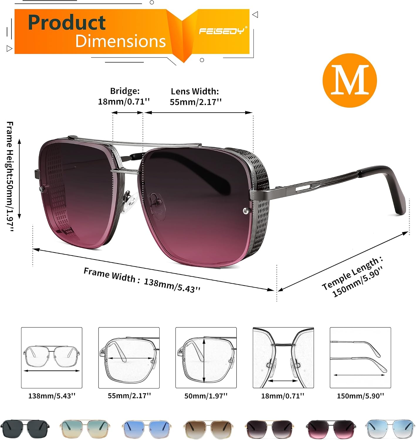 商品图片 15 | B09SDC5BD5 | FEISEDY Sunglasses Mens Women Vintage Pilot Square Trendy Metal Steampunk Fishing Driving Sun Glasses B2894