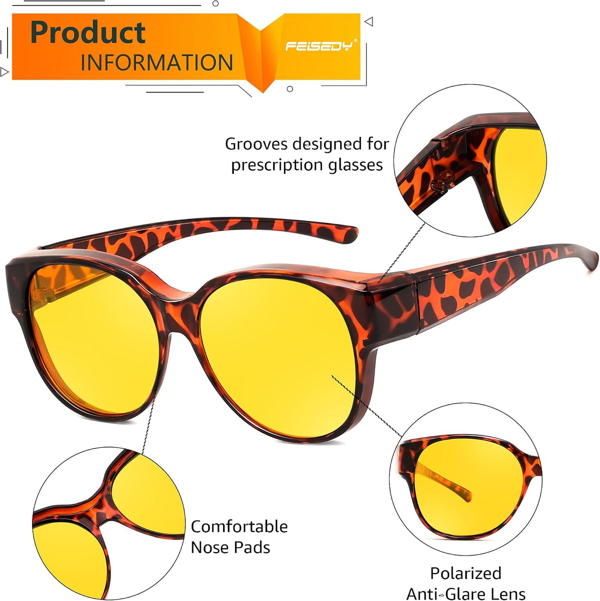 ÉÌƷͼƬ 13 | B0FX4NQCGM | FEISEDY 2Pack Night Driving Glasses Over Glasses with Yellow Lenses Fit Over Polarized Nighttime Sunglasses B0331