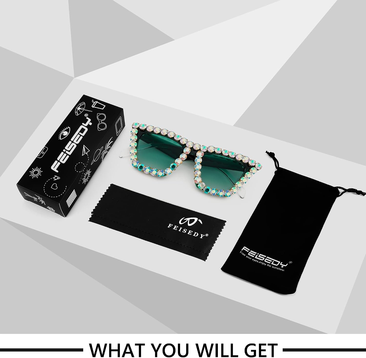 商品图片 12 | B09V7X56D4 | FEISEDY Women Crystal Square Cat Eye Sunglasses Sparkling Trendy Retro Cateye Sunglasses B2898