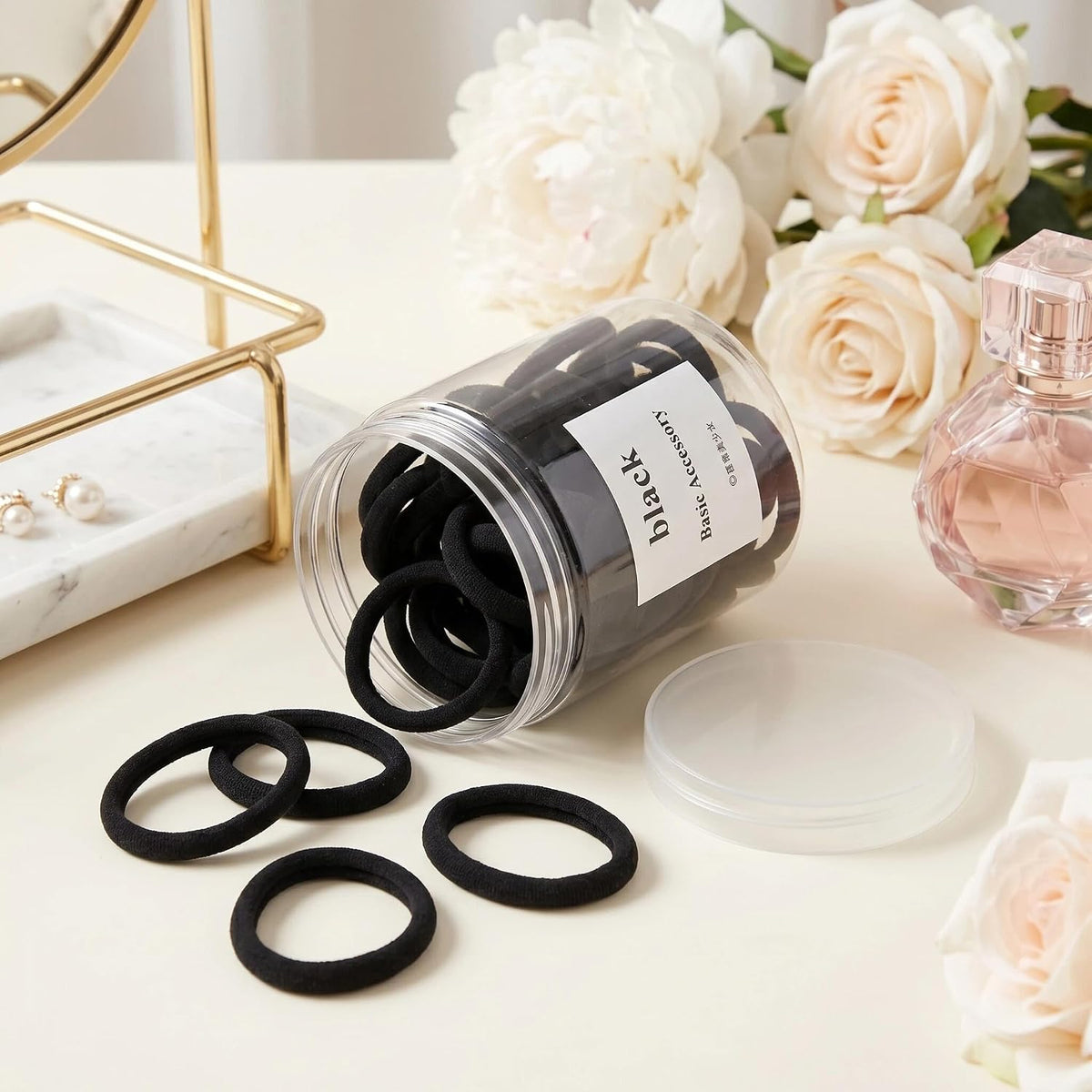 商品图片 6 | B0GZK7FT36 | 50PCS Black Hair Ties, Seamless No Damage Cotton Elastic Hair Bands, Soft Ponytail Holders for Thick Curly Heavy Hair