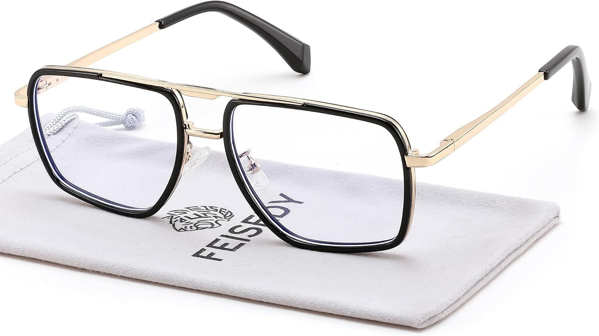 Black-glod / 53 Millimeters | B0HJH639XS | FEISEDY Metal Blue Light Aviator Glasses for Women Men B0491