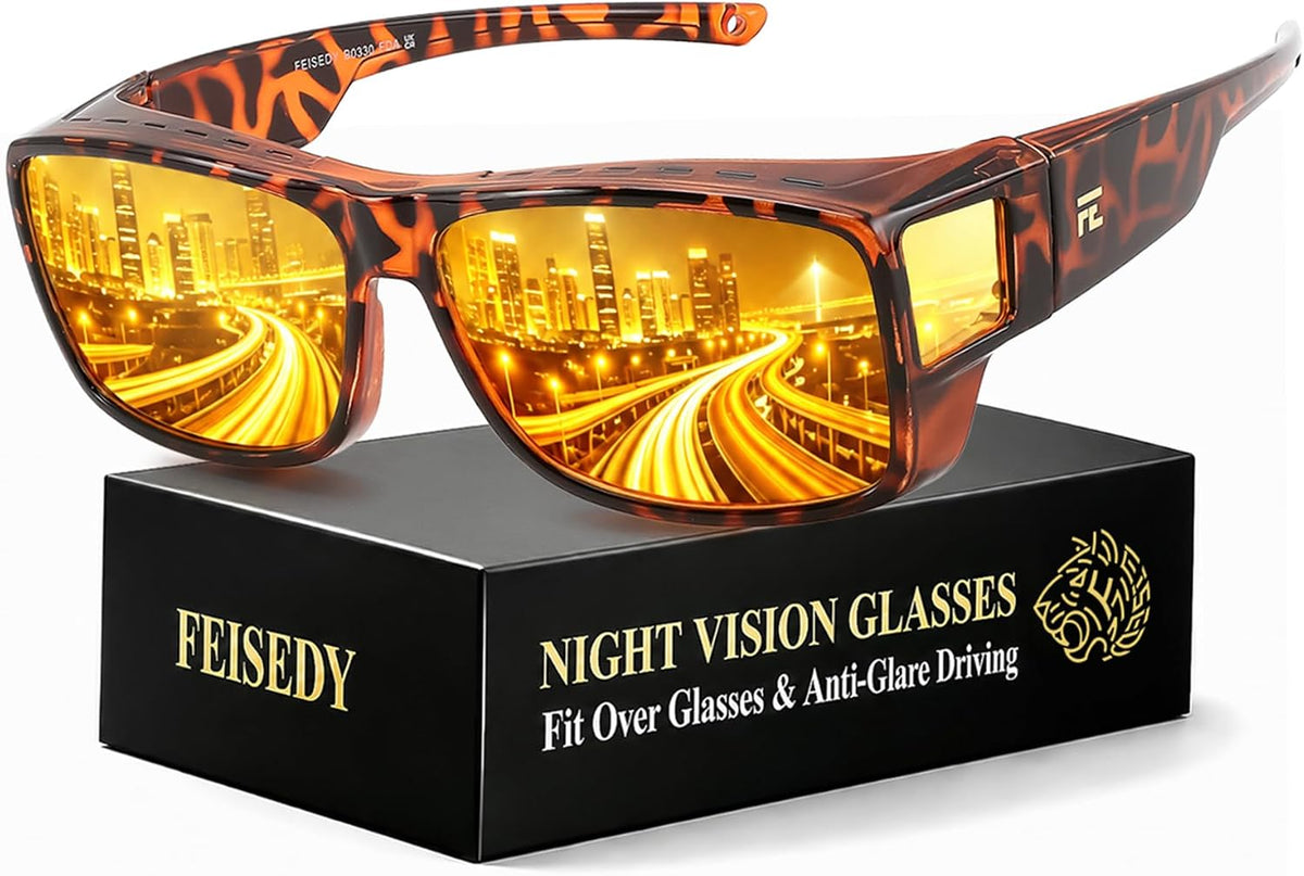Tortoiseshell | B0HG8RB8VJ | FEISEDY Fit Over Polarized Sunglasses Men, Night Driving Wrap Glasses B0330