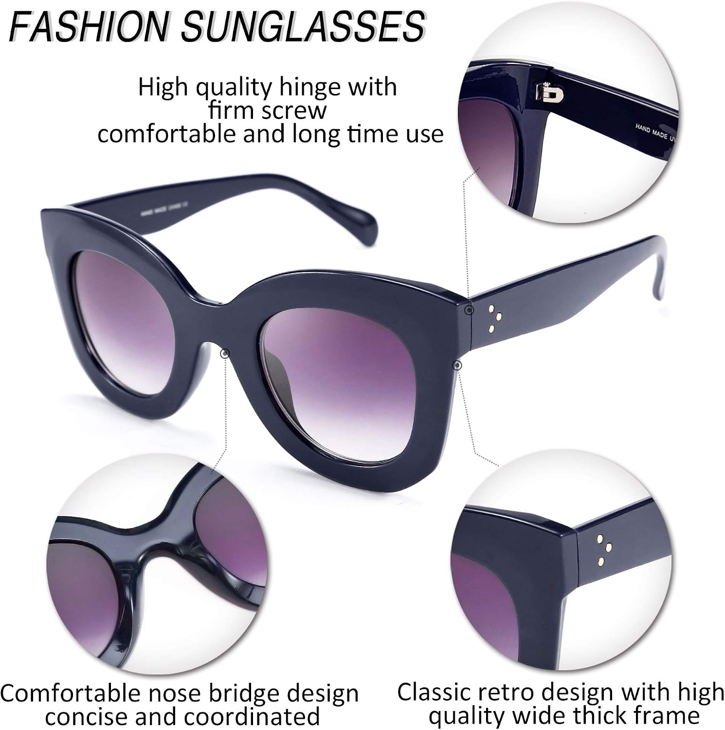 商品图片 23 | B083TZVTXV | FEISEDY Retro Oversized Square Horn Sunglasses Semi Cat Eye Butterfly Glass Big Thick Bold Frame B2572
