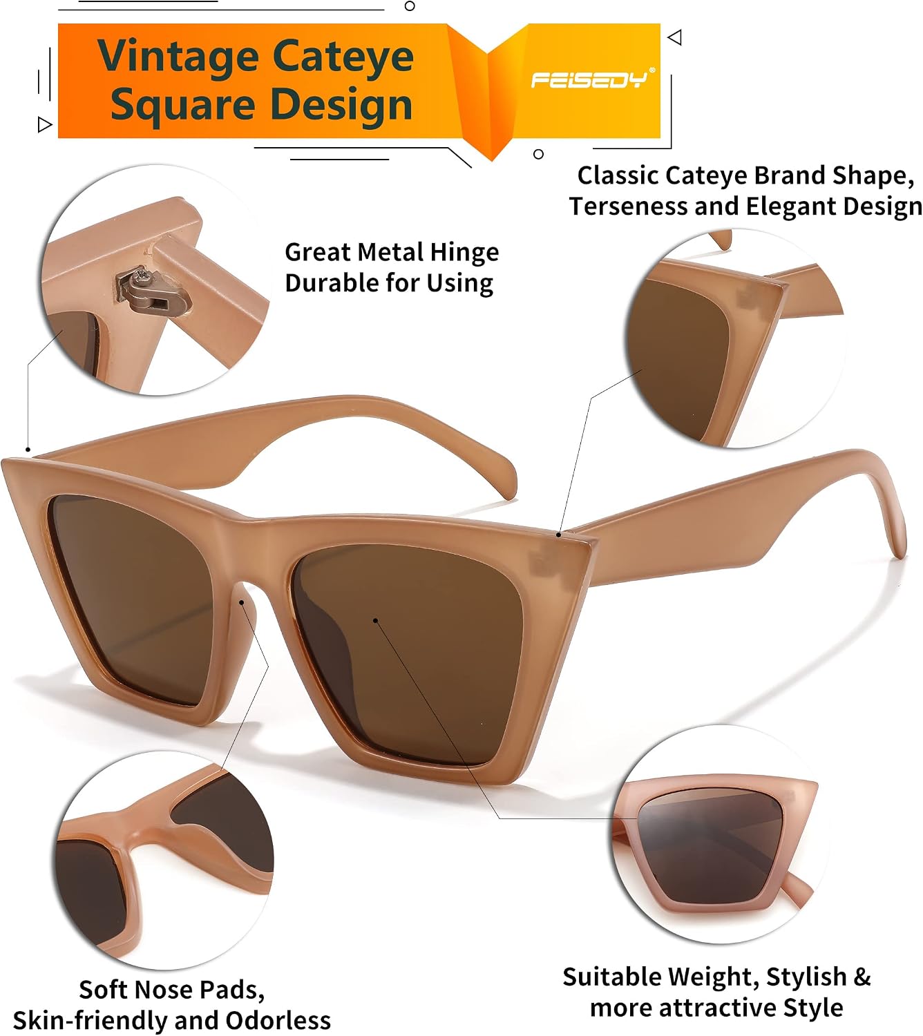 商品图片 21 | B0C5378735 | FEISEDY Vintage Square Cat Eye Sunglasses Women Trendy Cateye Sunglasses B2473